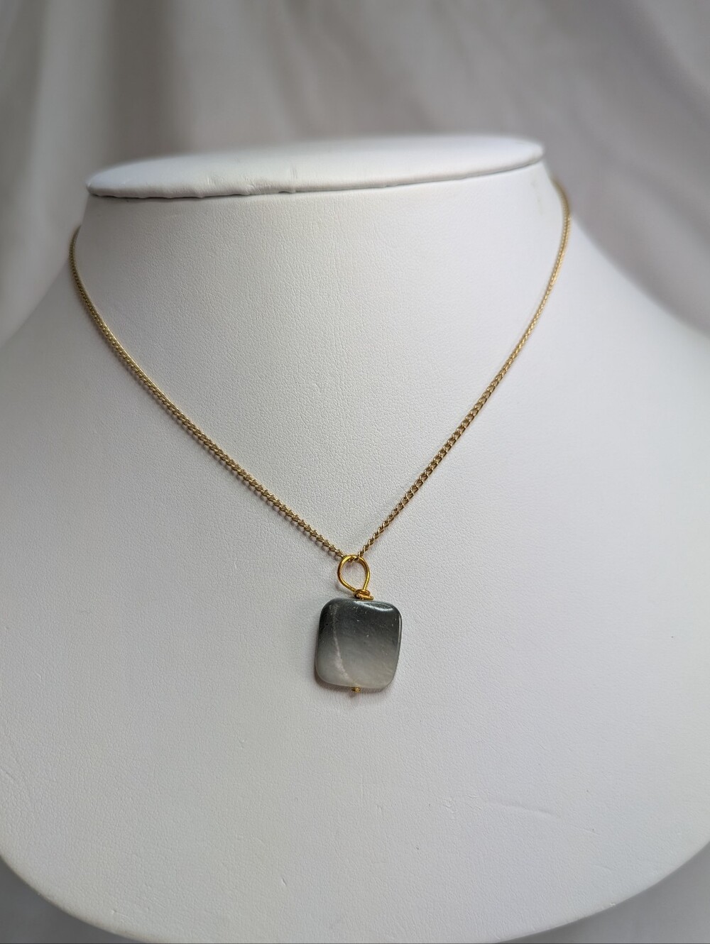 Gold Chain Necklace with Gray Stone Square Pendant